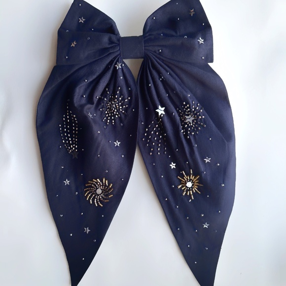 Beautiful embroidered beaded luxury hair bow accessory women girls holiday space - Picture 6 of 8